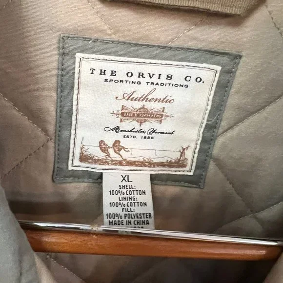 Orvis Men's XL 100% Cotton Quilted Snap front Sporting Coat Olive Green.